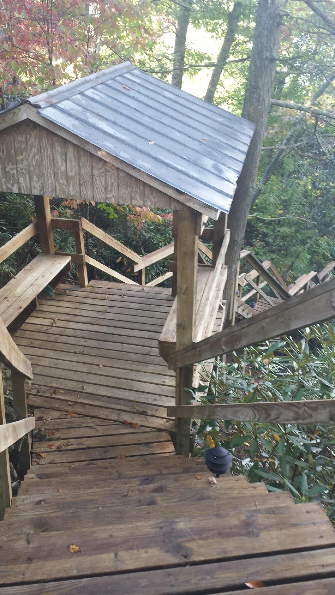Metal roofed shelter over wooden steps on a wooded walkway — Skylight Repair & Installation work by our crew in Toddville